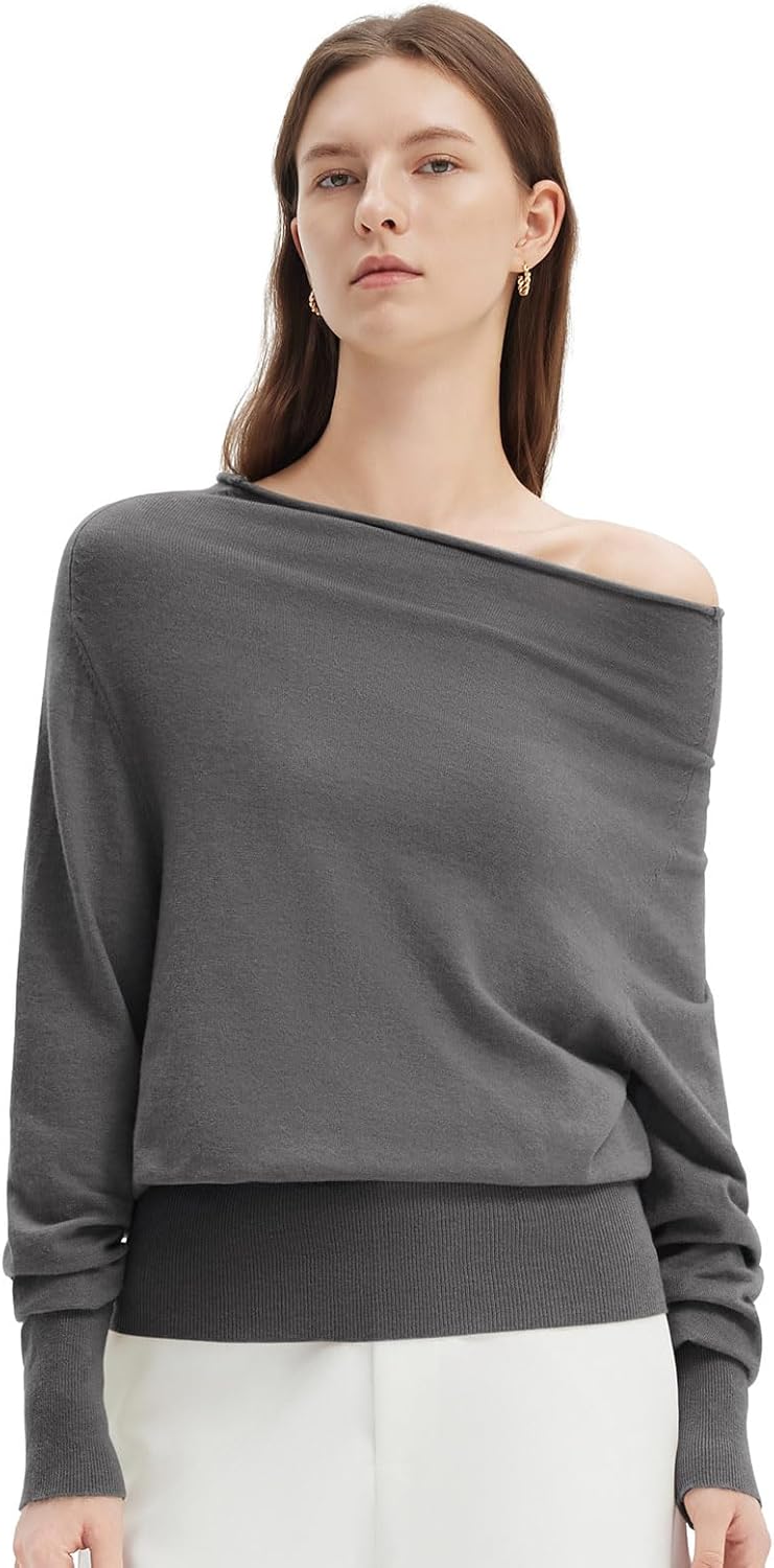 SUUKSESS Women Cashmere Oversized Off Shoulder Pullover Sweater Batwing Knit Top