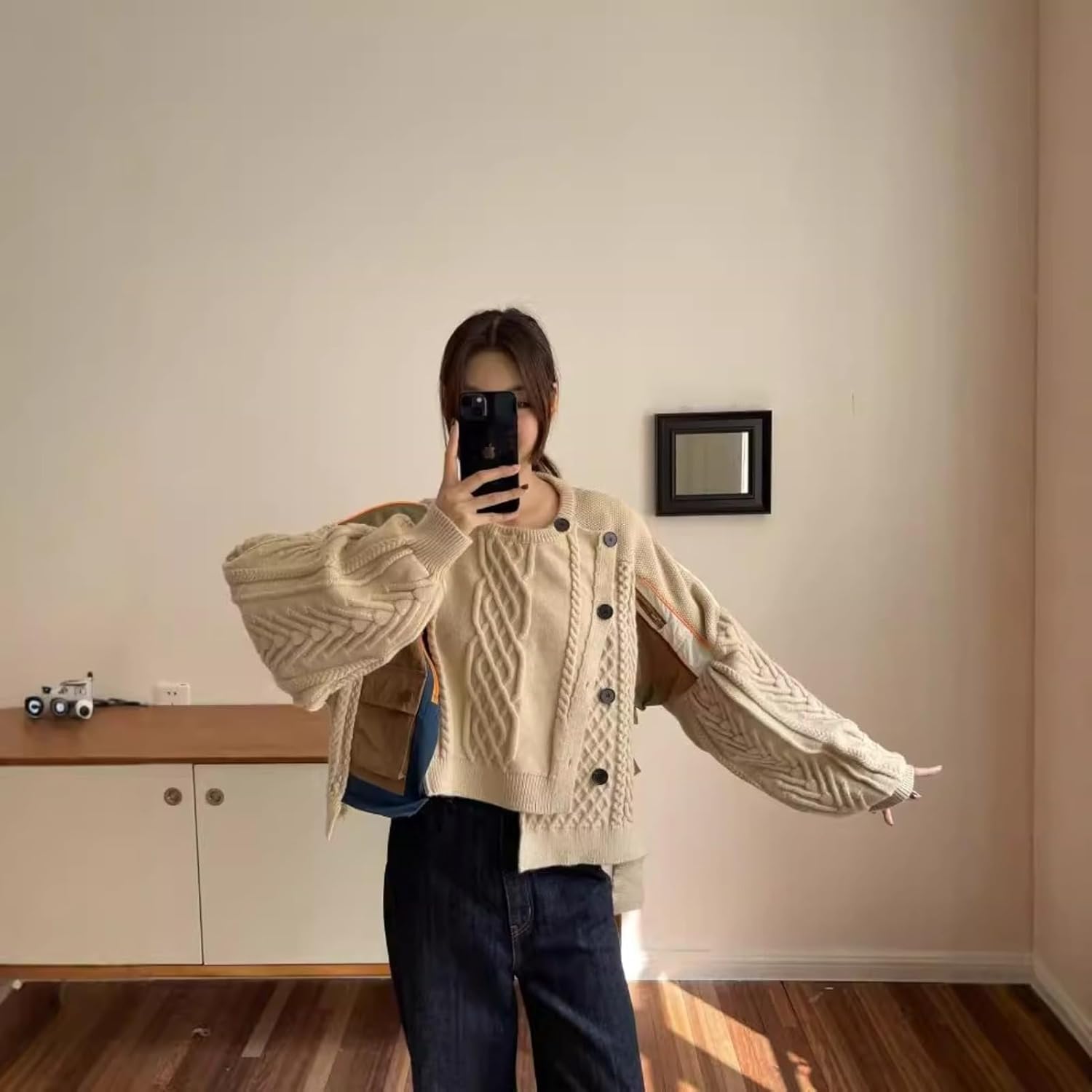 Women Irregular Patchwork Single-Breasted Plaid Stripe Cardigan Sweater Contrast Color Warm O-Neck Long Sleeves Knitted Tops