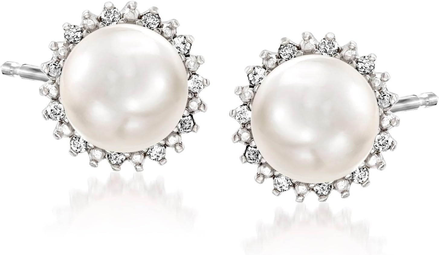 7-7.5mm Cultured Button Pearl and .13 ct. t.w. Diamond Stud Earrings in Sterling Silver