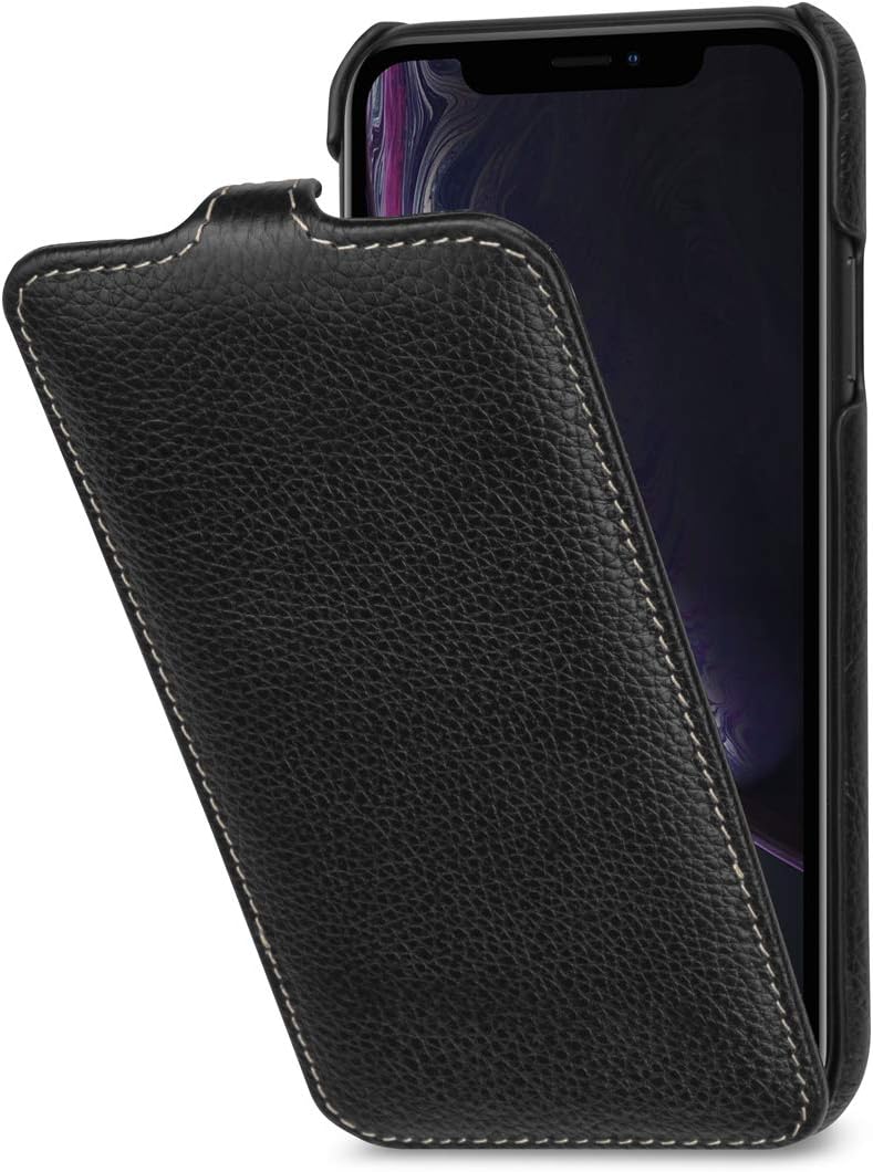 StilGut Slim Vertical Flip Case for iPhone XR, Genuine Leather iPhone XR Case, Black