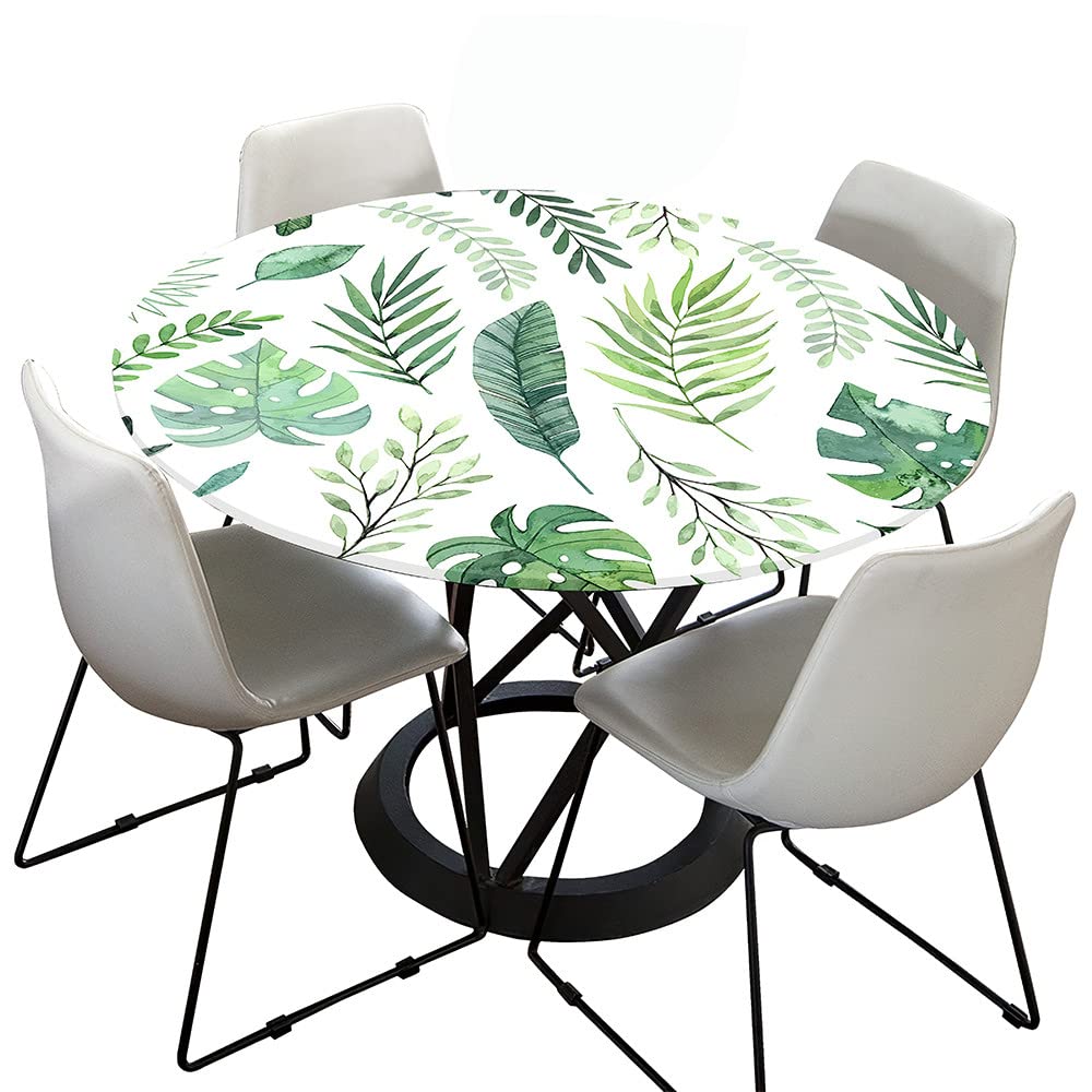 Morbuy Fitted Round Tablecloth, 120cm Diameter, Green, Nordic Leaves Pattern, Polyester, Waterproof, Wipeable, Stain Resistant, Elastic Edges, Modern, Garden, Nordic Style