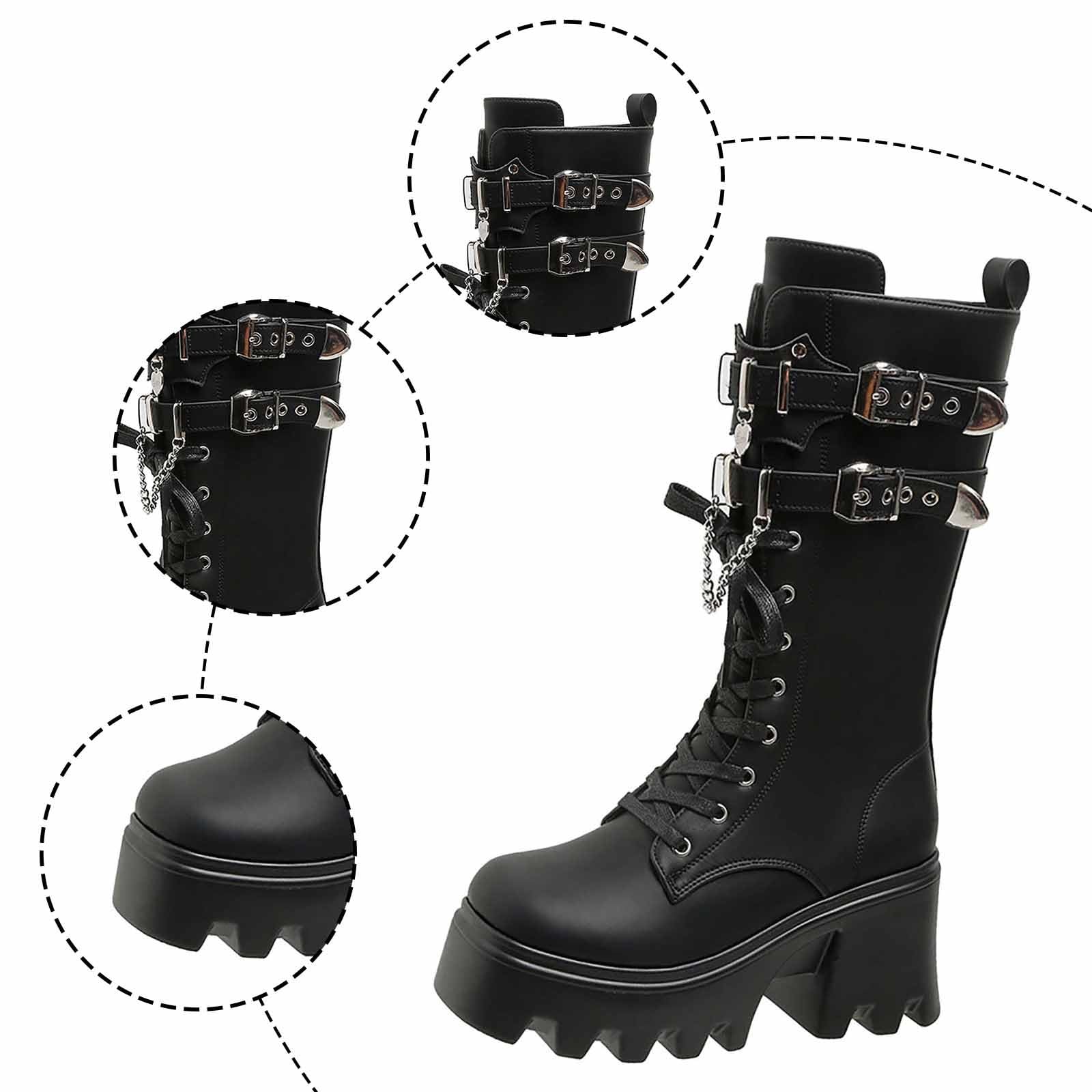Generisch Damen Gothic Punk Plateau Stiefel Chunky hohe Plattform Mid Calf Absatz Spitze Up & Reißverschluss Runde Zehe Schnallen Kampfstiefel Moto Stiefel Rave Gothic Schuhe Leicht und komfortabel