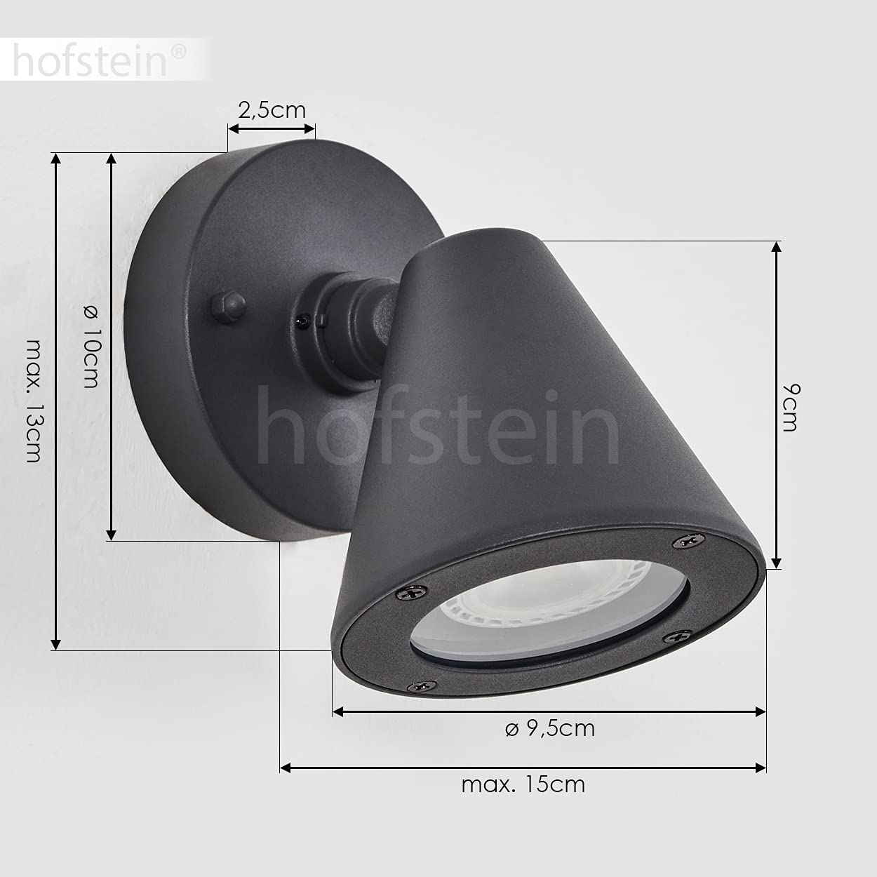 Lampada da parete per esterni Fornaboda, lampada da esterno moderna in metallo color antracite, lampada rotonda, il paralume è regolabile a piacere, 1 x GU10, con effetto luce, senza lampadina/e