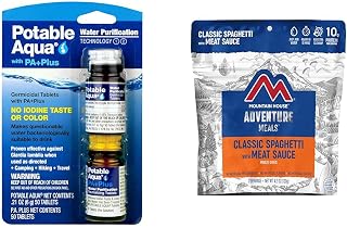 Potable Aqua Water Purification Tablets with Mountain House Classic Spaghetti with Meat Sauce Freeze Dried Backpacking Food 2 Servings
