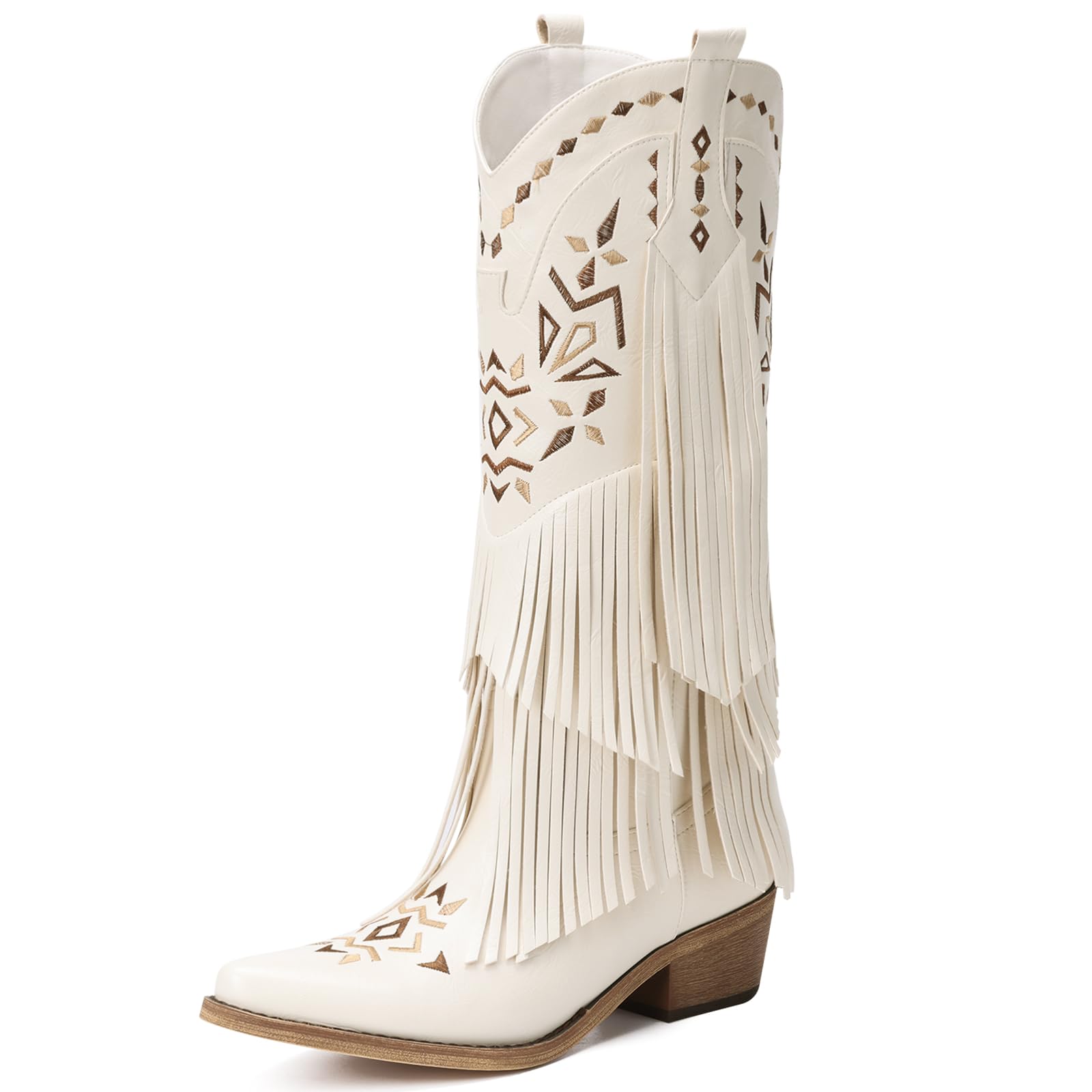 Bybmorto Cowboy Boots for Women - Fringe Knee High Cowgirl Boots with Classic Embroidery, Pointed Toe Pull on Retro Design, Perfect for Western