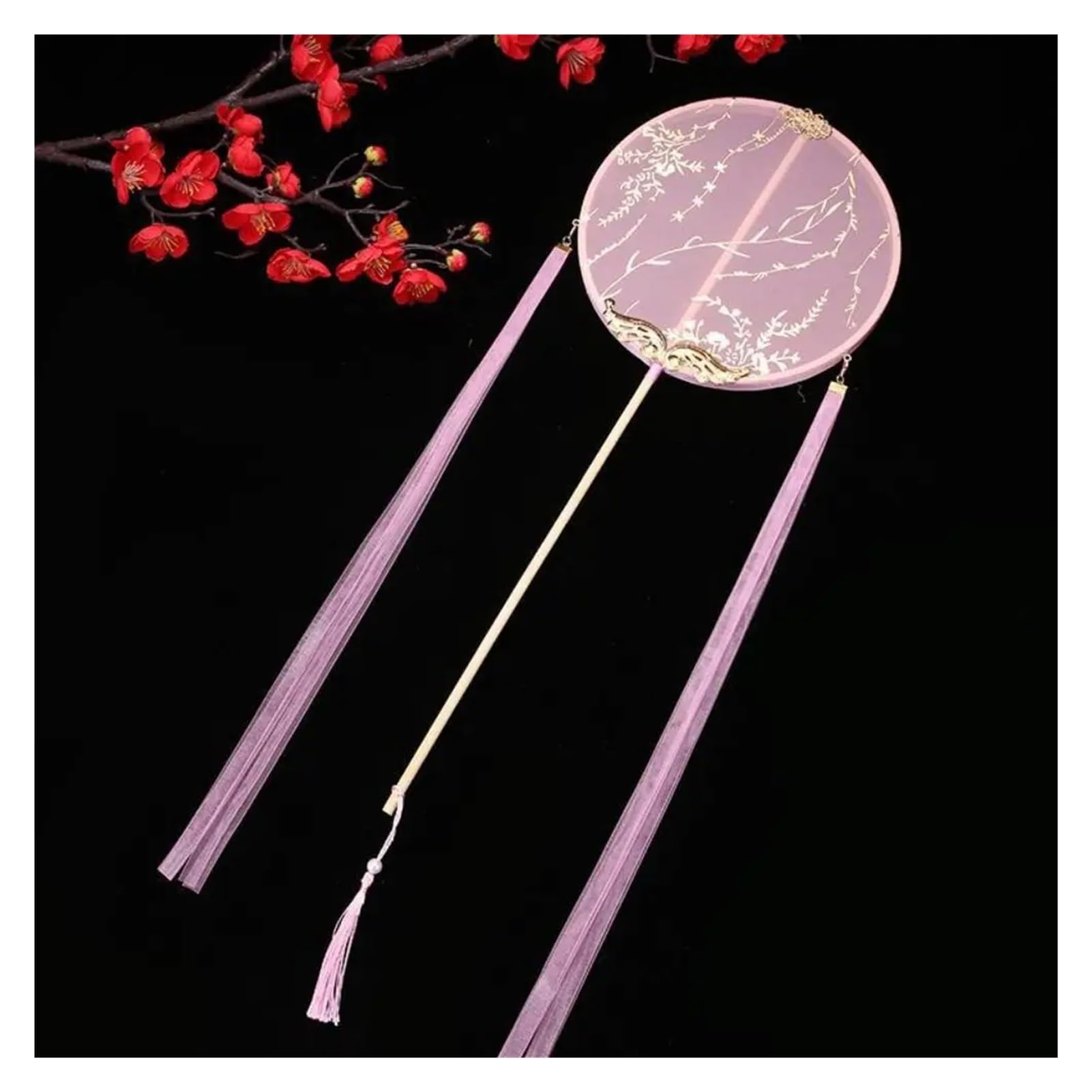 Round Fan Pendant Tassels Silk Long Handle Translucent Embroidery Photography Prop(Pink)