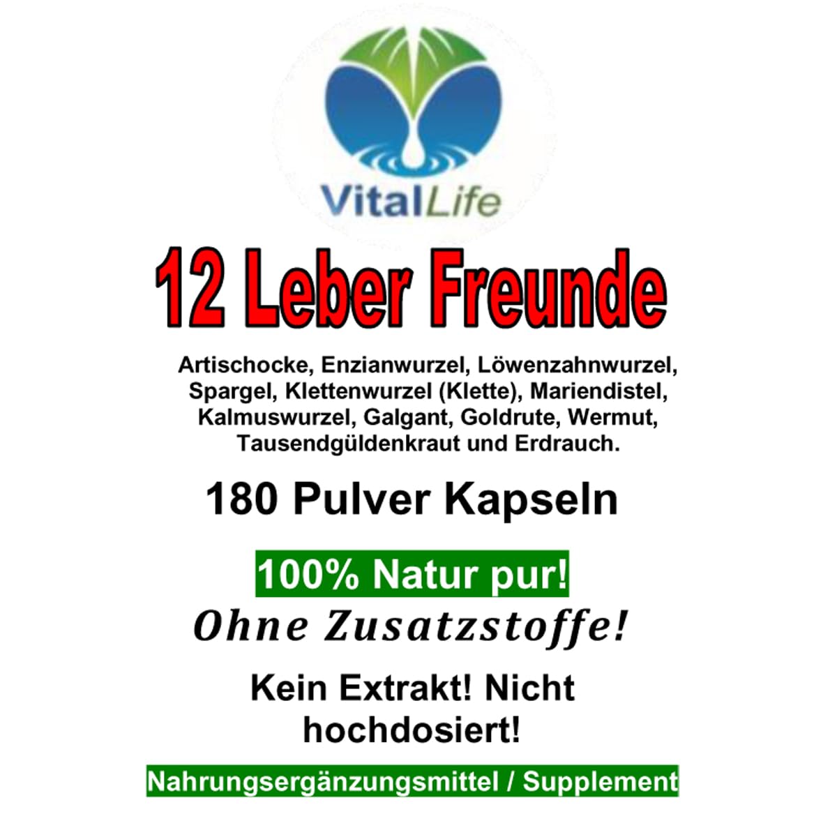 LEBER Vital Komplex 180 KAPSELN 12 Leberfreunde plus Leberkräuter Bitterkräuter Bitterstoffe MARIENDISTEL ARTISCHOCKE LÖWENZAHN WERMUT ENZIAN...100% NATUR pur. OHNE Zusatzstoffe 26313