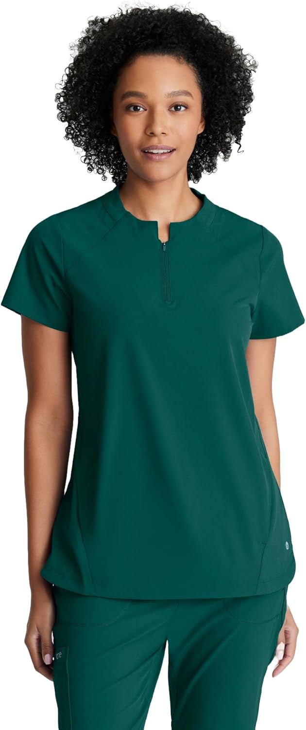 BARCO One Flux Classic Fit Zip Collar Scrub Top for Women's 2-Pocket Shirt with 360 Spandex Stretch Moisture Wicking Fabric