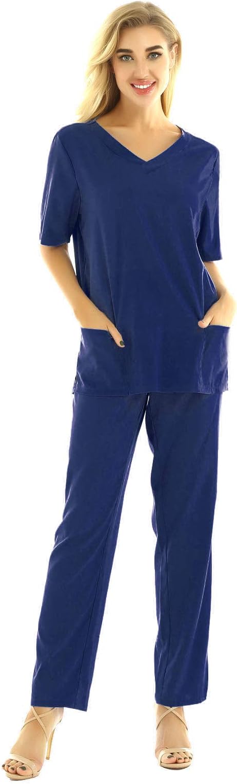 Unisex Men Women Medical Doctor Nursing Scrubs Full Set Uniforms Tunic Top with Pants Outfits