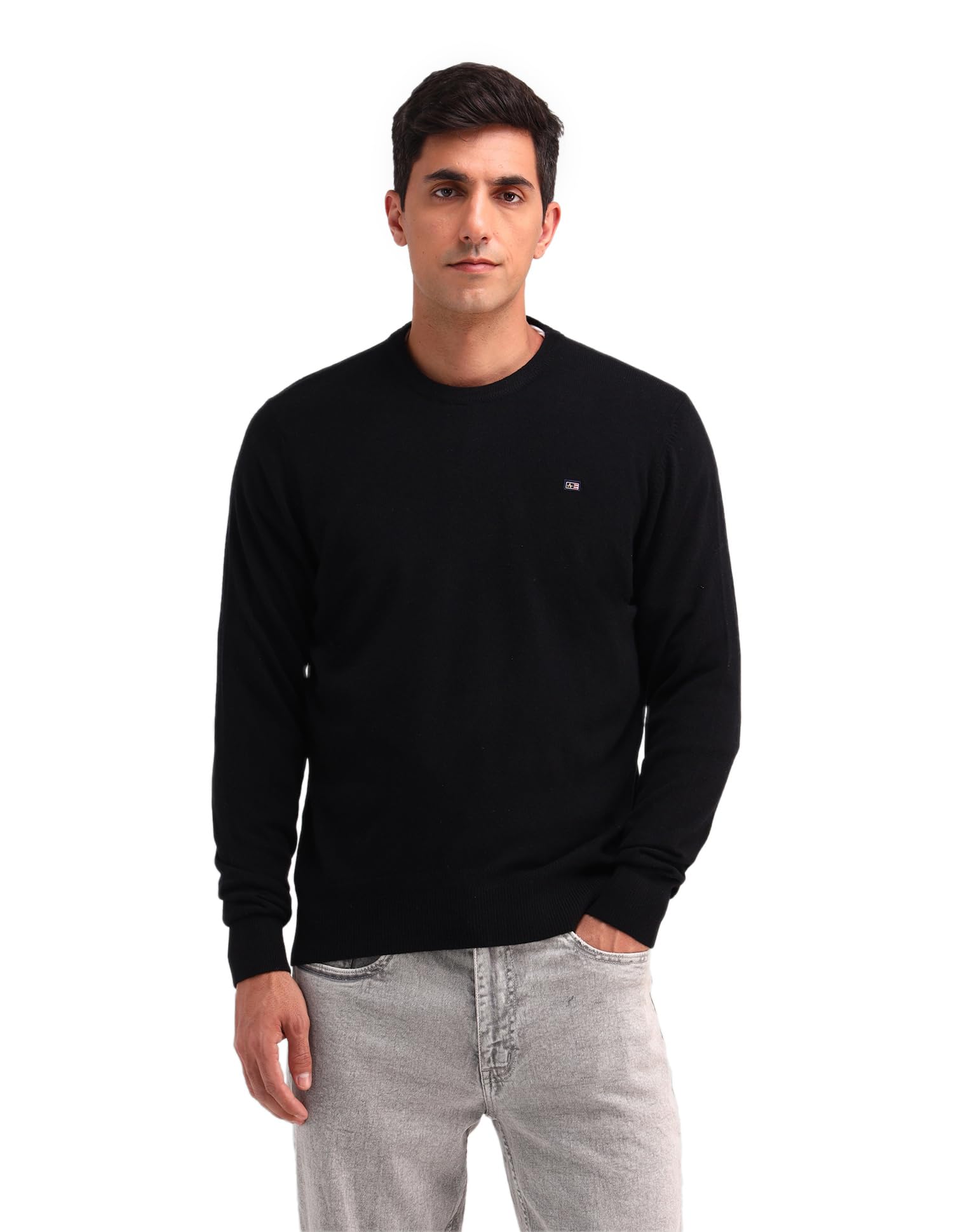 arrow sports Mens Black Solid Long Sleeve Cotton Classic Pullover Sweater-picture-27