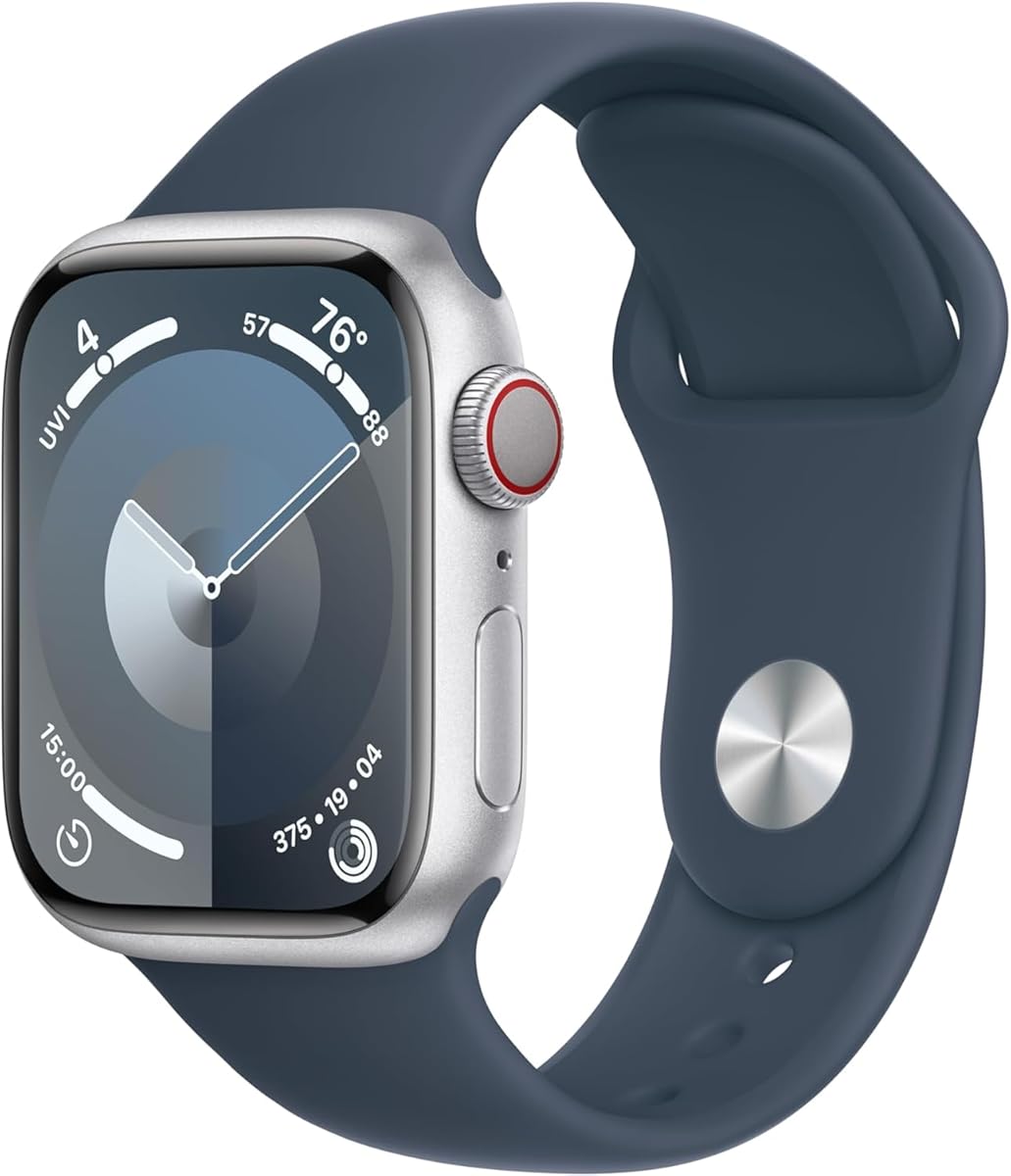 Apple Watch Series 9 [GPS, 45mm] - Silver Aluminum Case with Storm Blue Sport Band, M/L (Renewed Premium) : Electronics