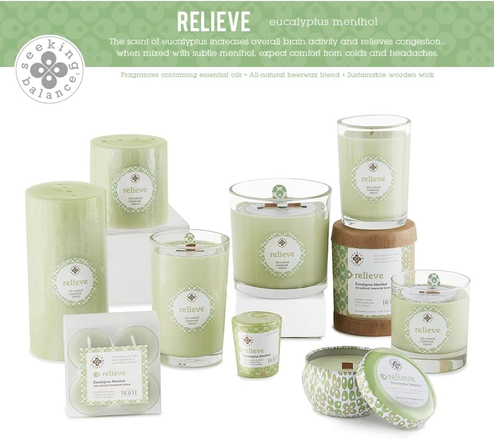Root Candles Seeking Balance Spa Candle Aromatherapy Candles, Votives, Relieve: Eucalyptus Menthol, 18-Count