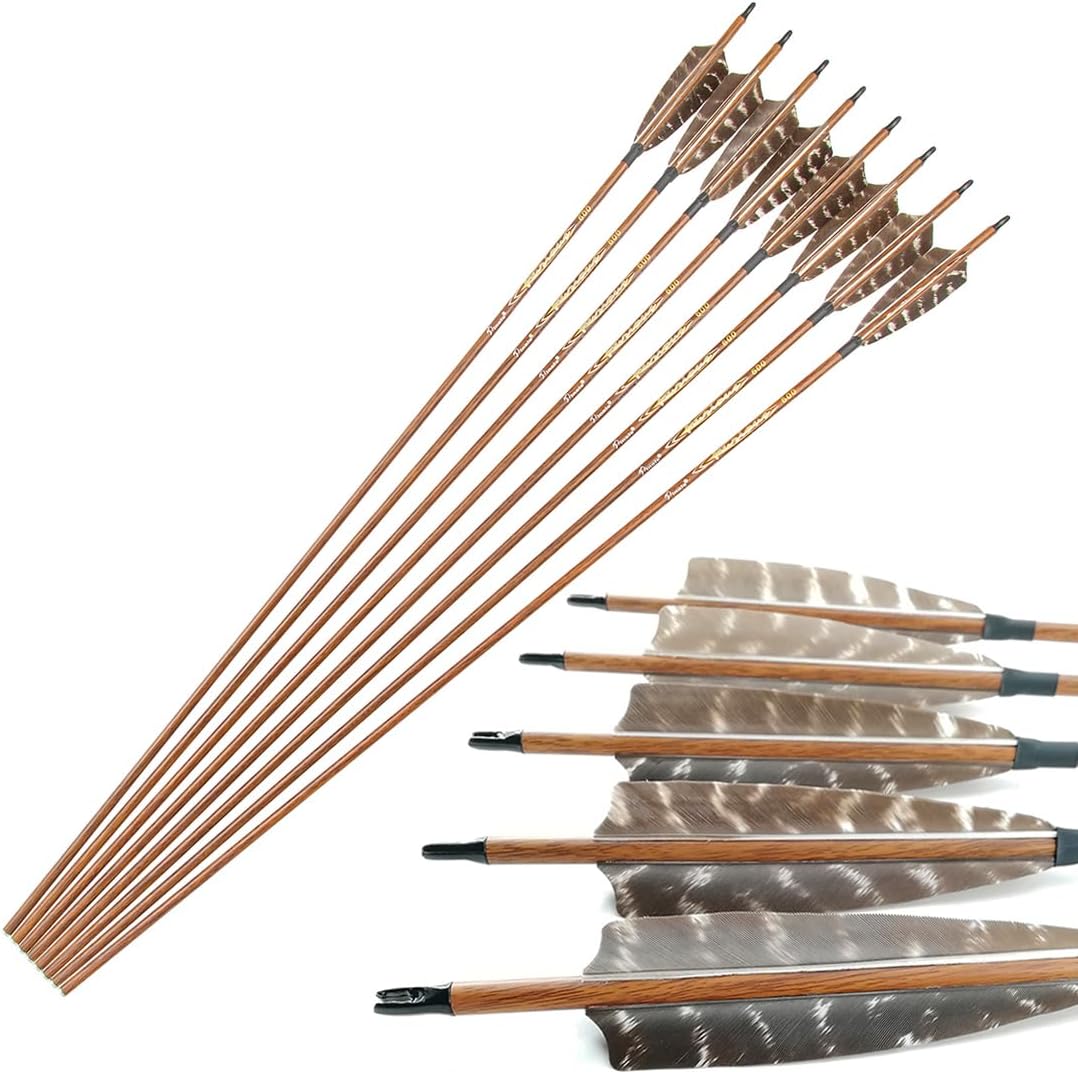 Archery Traditional Arrows 300 400 500 600 Spine Turkey Feather 30 32 Inch Carbon Shafts for Recurve Longbow Compound Bows Hunting Targets 12PCS