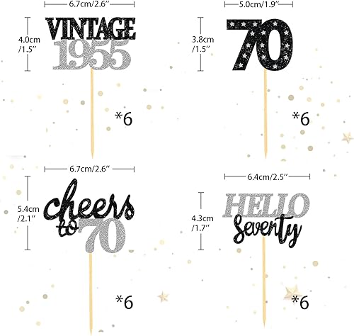 Miniatura 8 de 24 adornos para cupcakes con purpurina para cumpleaños número 70 para celebrar 70 cumpleaños, decoraciones para fiestas de cumpleaños de setenta
