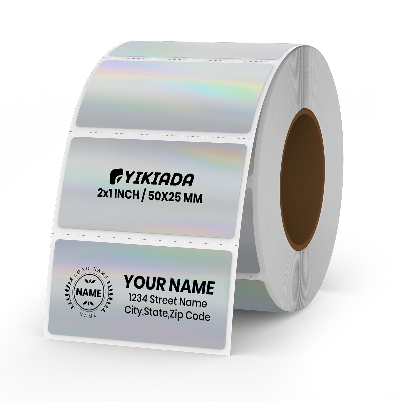 YIKIADA Silver Thermal Labels Vinyl 1 × 2 Inch Self-Adhesive Holographic Direct Printable Address Stickers Roll Waterproof Printer Decals for QR Code