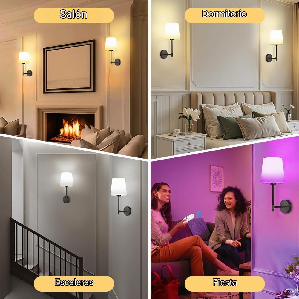 HOTUT Juego de 2 Apliques de Pared Que Funcionan con Pilas, Luces de Pared Negro con Pantalla de Tela Blanca, Lámpara de noche Sin Cable con Control Remoto y Bombillas Carga Desmontables, Regulable