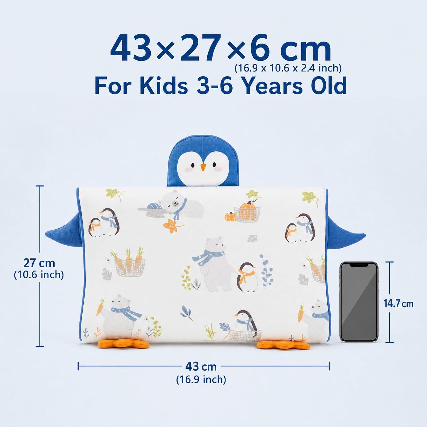 gb Kids Natural Latex Pillow for Sleeping, Hypoallergenic Toddler Pillow with Breathable Design, Soft Neck Support, Bed Pillow for 3-6 Years Old Children, Removable Cotton Pillowcase, Penguin