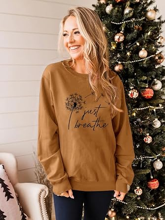 Ezcosplay Women Dandelion Graphic T-Shirts Just Breathe Long Sleeve Shirts Letter Print Sweatshirt