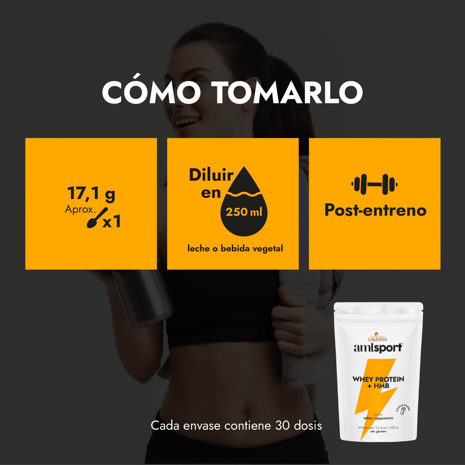 amlsport de Ana Maria Lajusticia Whey Protein + HMB | Mantener y Aumentar la Masa Muscular | Recuperación Post‑Entreno | Sabor Capuchino | Sin Gluten | 520 g en Polvo | Suplementación Deportiva |