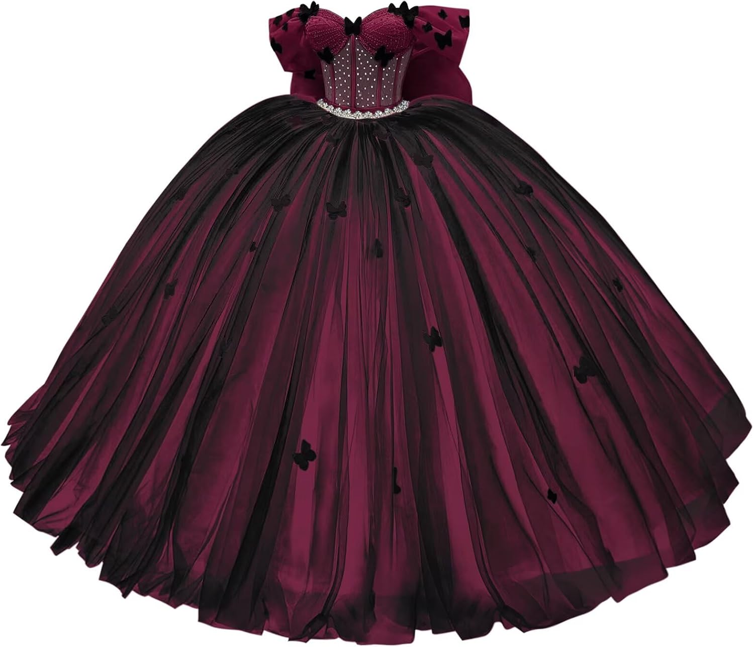 XYAYE Off Shoulder Butterfly Quinceanera Dresses with Big Bow Puffy Tulle Crystal Sweet 15 16 Dress Lace Beaded Ball Gown