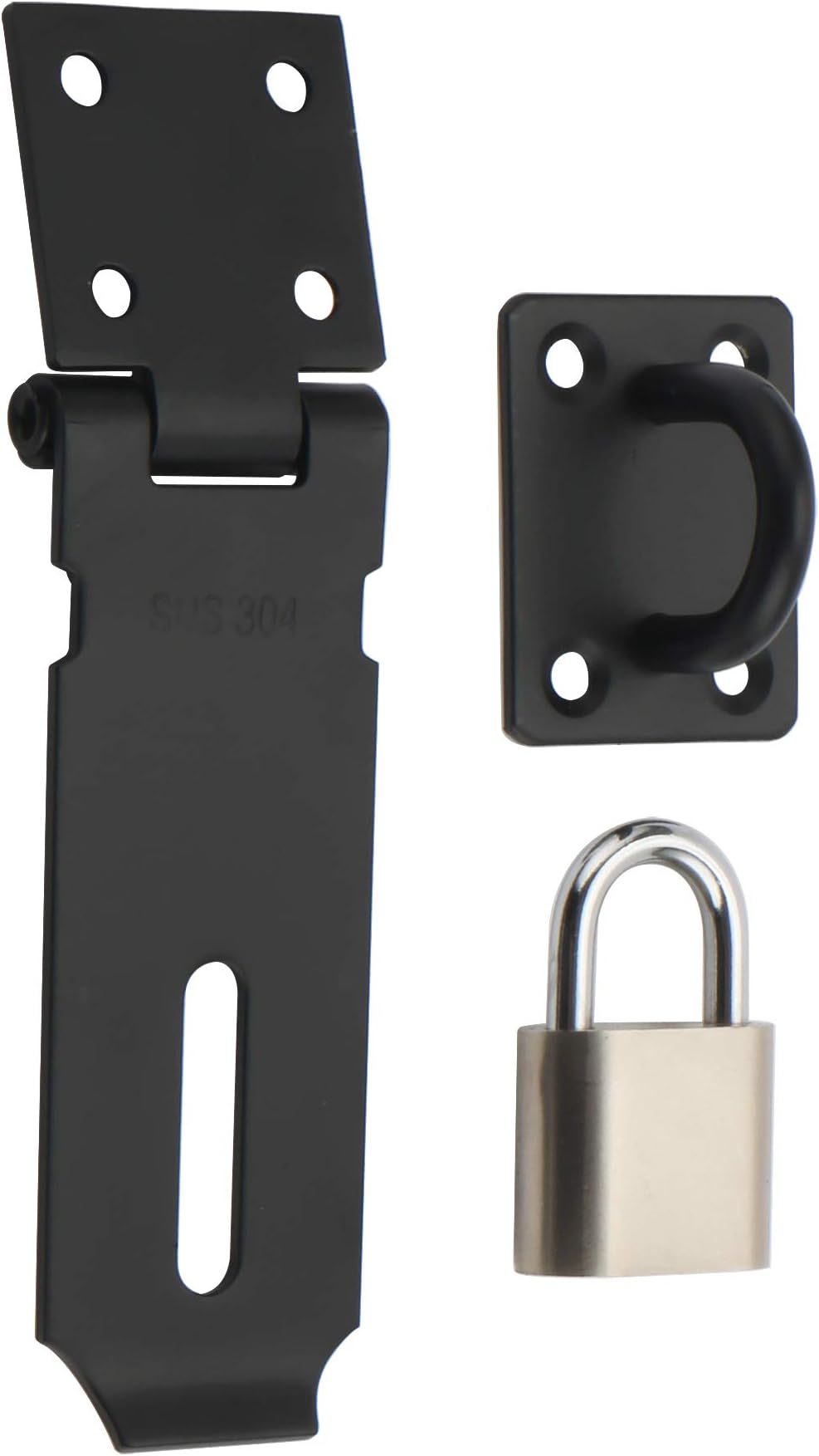 Alise Door Lock Hasp Latch with Padlock,4 Inch SUS 304 Stainless Steel Safety Packlock Clasp Hasp Lock Latch,with Fixing Screw for External Doors Window Cabinet Pet Cage, Black,MST009-B