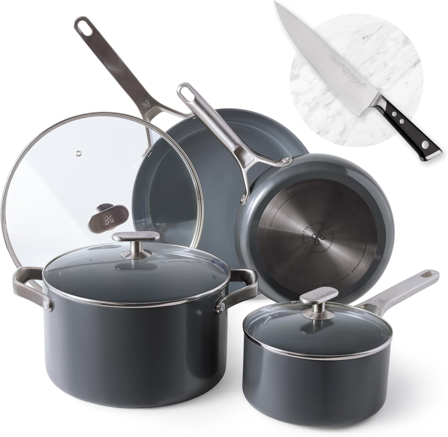 Greater Goods Savvy Ceramic Nonstick Cookware Set (10pc) and Chef Knife (Stainless Steel) Midnight Gray Bundle