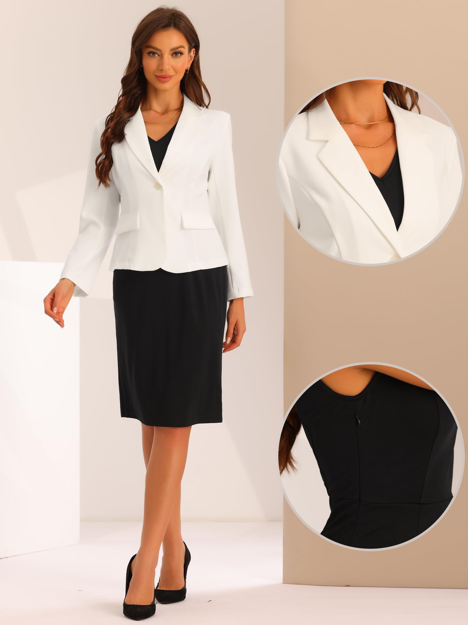 Allegra K Damen Anzug-Sets Business 2-Teiliges Outfit Einfarbig V-Ausschnitt Bürokleid Gekerbtes Revers Blazer
