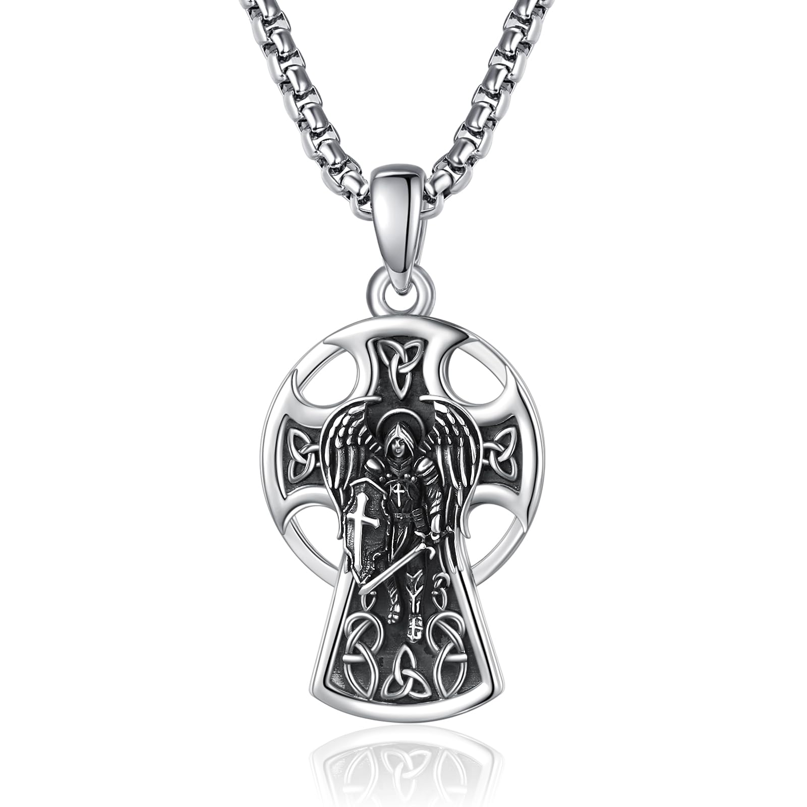 KINGWHYTE Schutzpatron-Anhänger für Männer und Frauen aus 925er Sterlingsilber mit keltischem Kreuz und Kette, Amulett-Anhänger, Schmuckgeschenk für Männer und Frauen mit 2,5 mm 22„+2“ Rolo-Kette