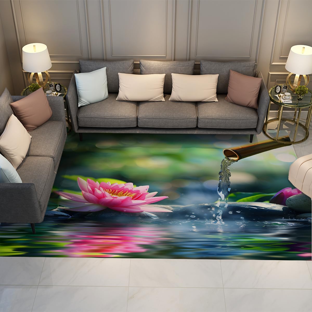Tapis antidérapant à poil bas lavable 120x180 motif feuilles lotus vert pour salon