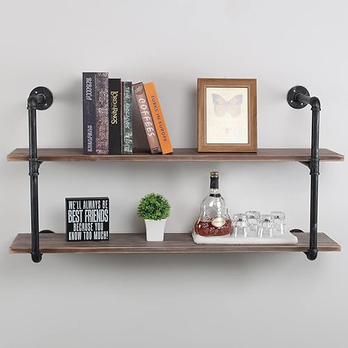 Miniatura 23 de MBQQ, Estantes de tubería industrial con madera, estante de montaje en pared rústico, estantería de metal colgada, estantería flotante de