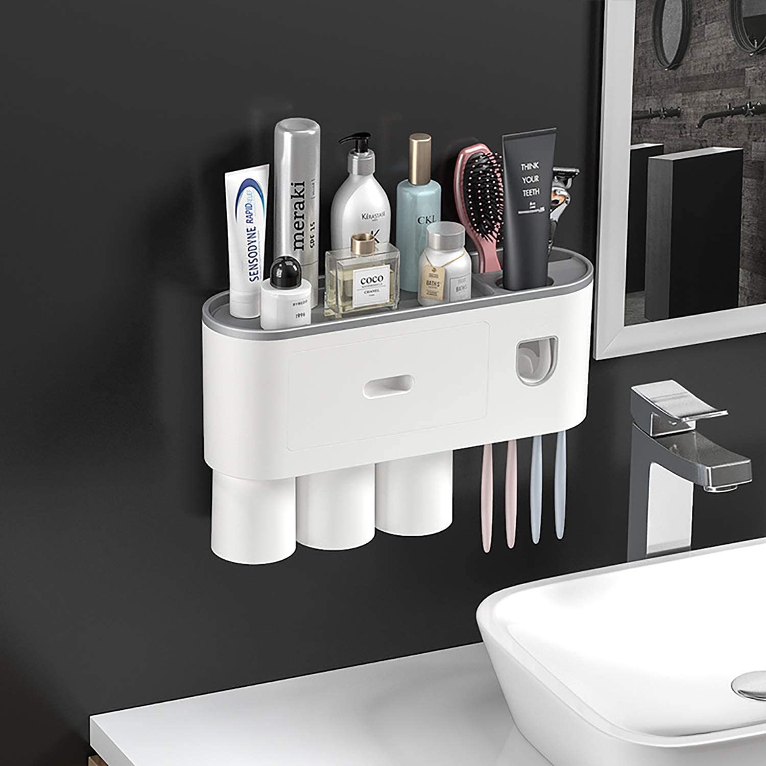 Brandshoppy Plastic Toothbrush Holder With Automatic Toothpaste Dispenser, Multi Space Saving Toothbrush Organizer With 2 Cups,4 Brush Slots No Drill Need (3 Cup Big), Pack of 1 (B097RVMQX2) Amazon Price History, Amazon Price Tracker