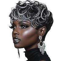 Vista 11 de Pelucas cortas de corte Pixie negro natural para mujeres negras, pelucas de cabello rizado de repuesto, peluca corta negra en capas con flequillo