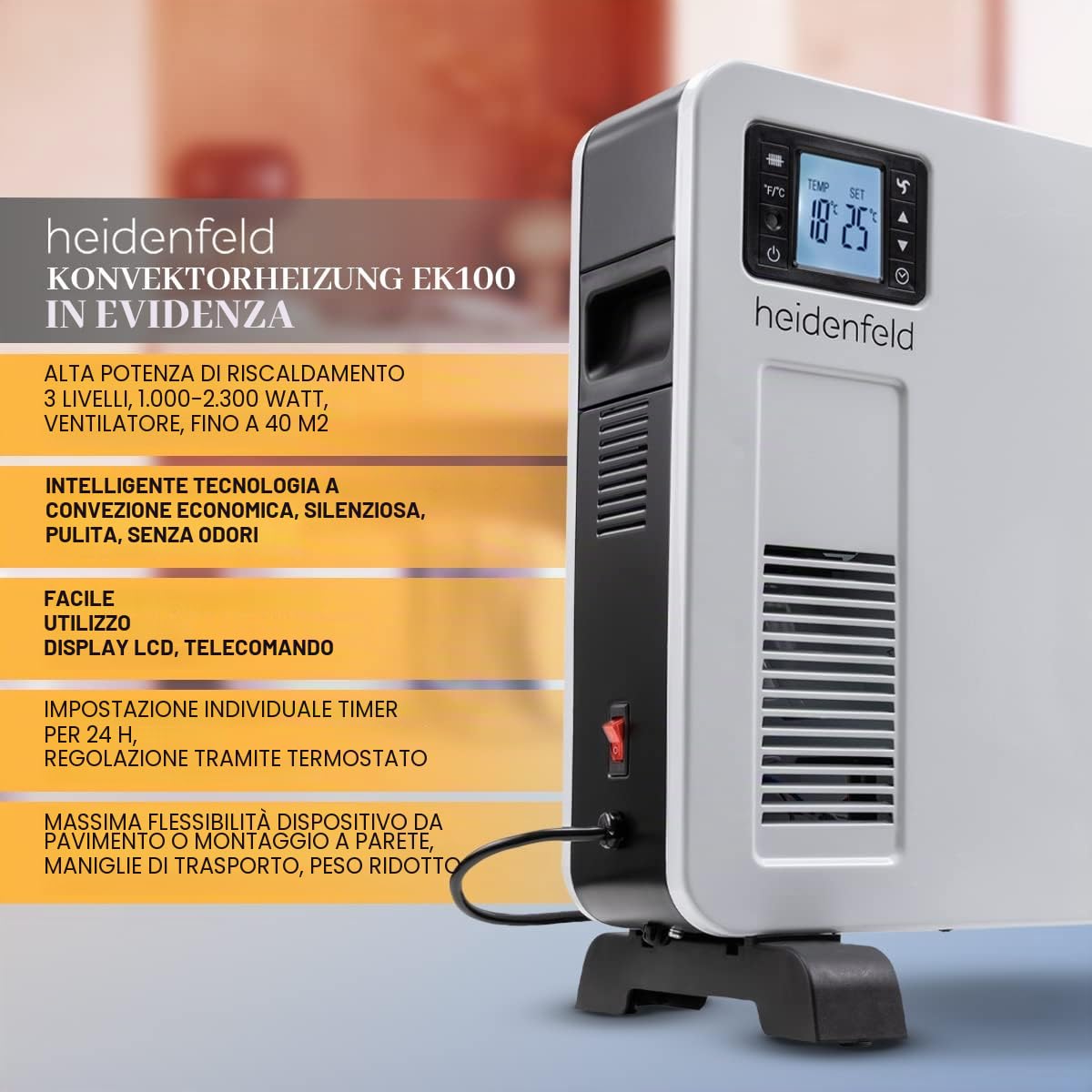 Heidenfeld Riscaldatore Elettrico a Convezione EK100 | 2300 Watt - Telecomando - Timer - Display LCD - Radiatore - Stufa Elettrica - Riscaldamento Elettrico