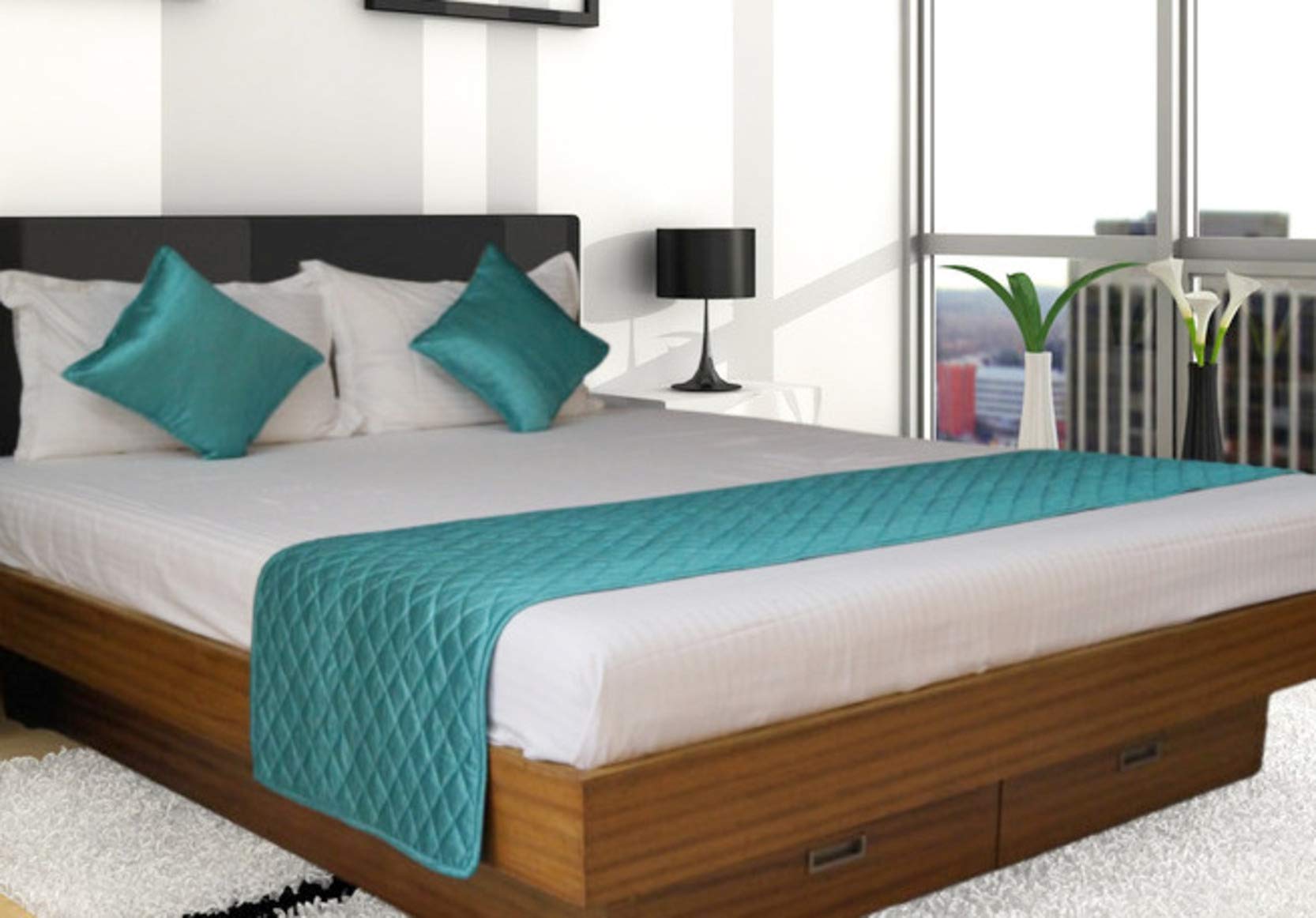 Vissage Polyester 200TC Bed Runner with Cushion Covers, Double, Turquoise Blue