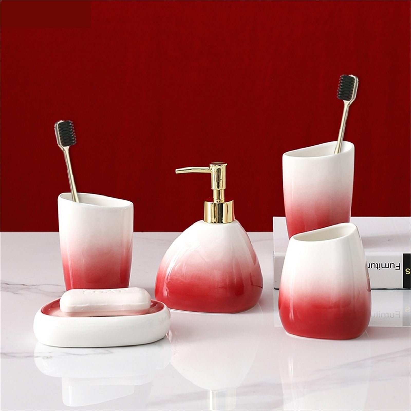 Badezimmer-Seifenspender-Set, Farbverlauf, rot, Keramik, Seifenspender-Set, Hotel, Seifenschale, Mundspülbecher, Set, Zuhause, Badezimmer, Zubehör, Hochzeitsgeschenke für moderne Badezimmer (5