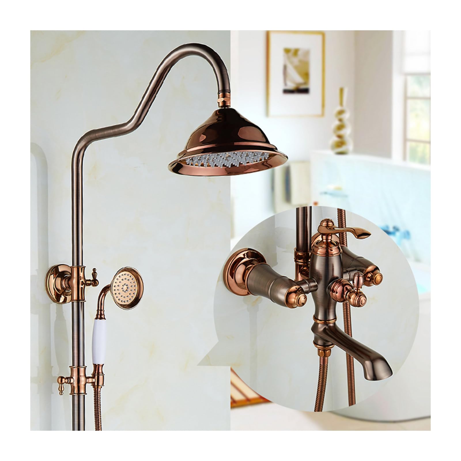 Système de douche en laiton antique complet, colonne de douche bronze brun avec douchette