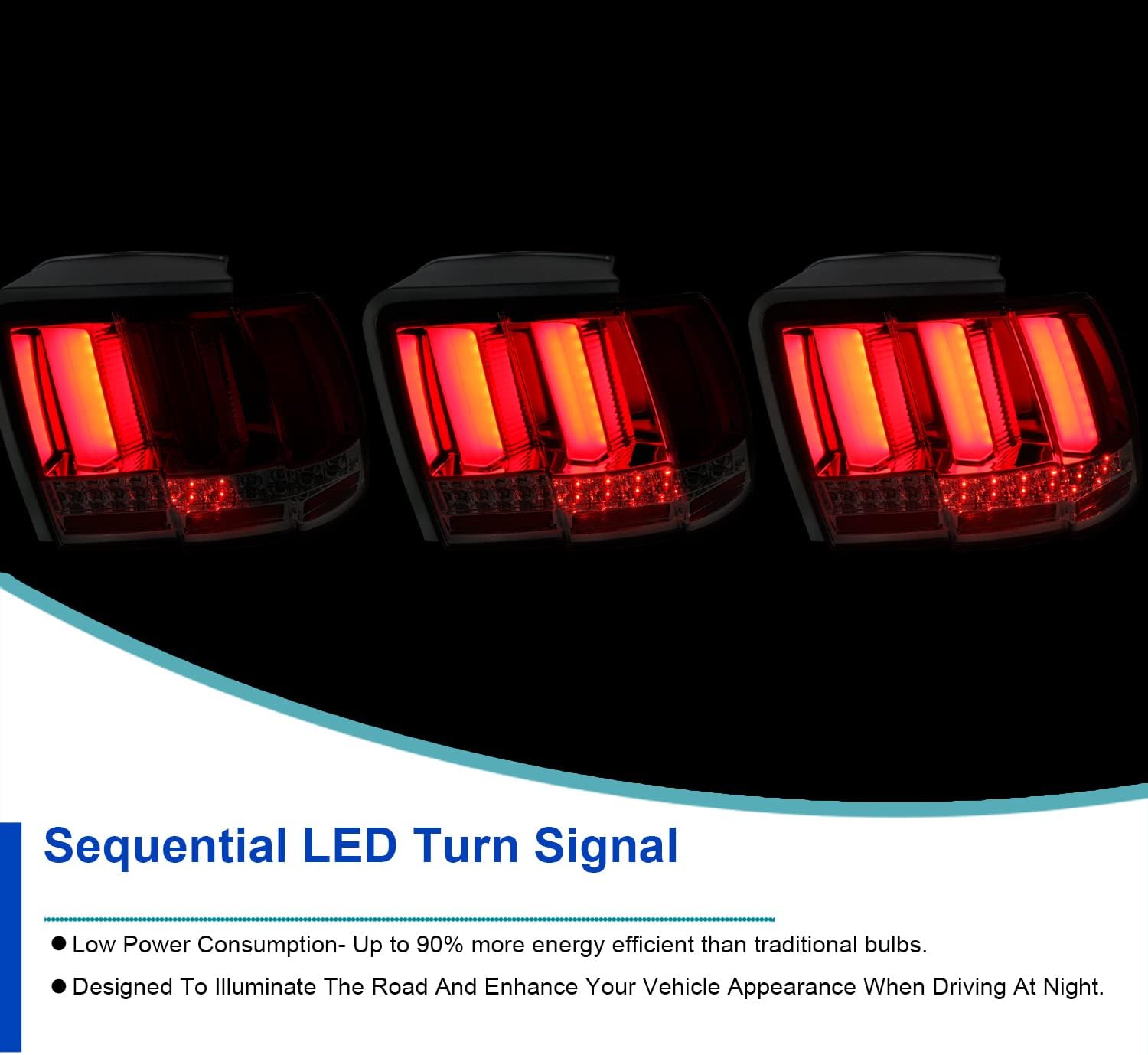 SPEC-D TUNING Red Smoke Sequential LED Bar Tail Lights Compatible with 1999-2004 Ford Mustang, Left + Right Pair Assembly