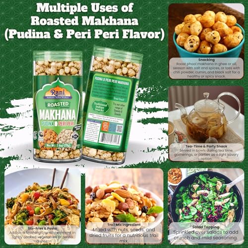 Image of Rani Roasted Makhana (Fox Nut /Popped Lotus Seed) 2in1 Pudina & Peri Peri 2.6oz (75g) Ready to eat, Hand Picked Foxnuts ~ High in Protein | Vegan | Gluten Friendly | NON-GMO | Kosher | Indian Origin