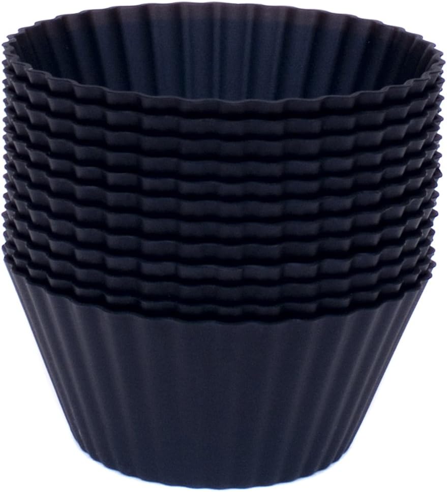 Silicone Cupcake Liners - Set Of 12 Premium Reusable Black Muffin Baking-Cups In Storage Container.