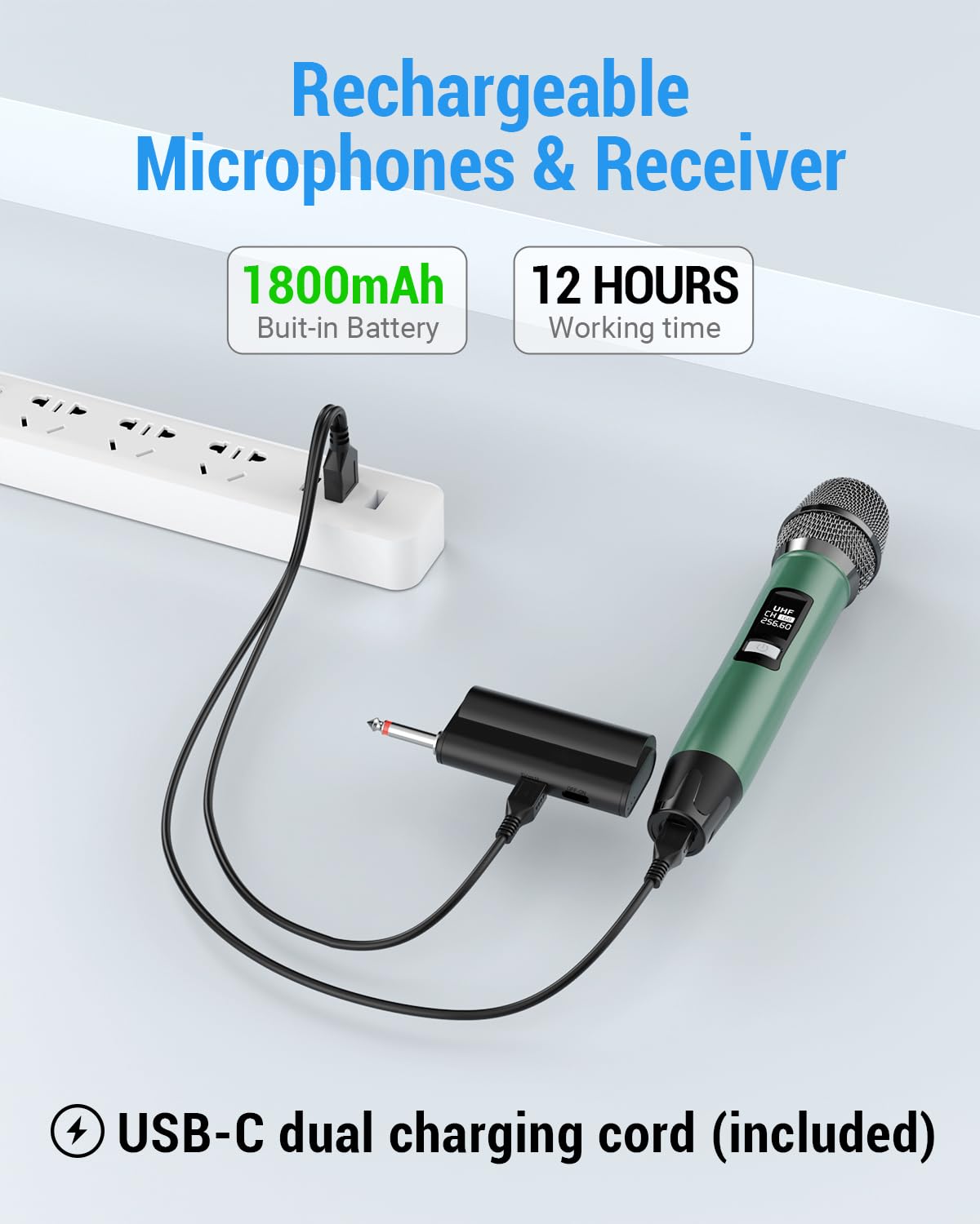 Wiederaufladbares Kabelloses Mikrofon, Metall UHF Mikrofon mit 1/4 Zoll Empfänger, Plug-and-Play für Karaoke Singen Vortrag Bühnenauftritt PA-System (Grün)