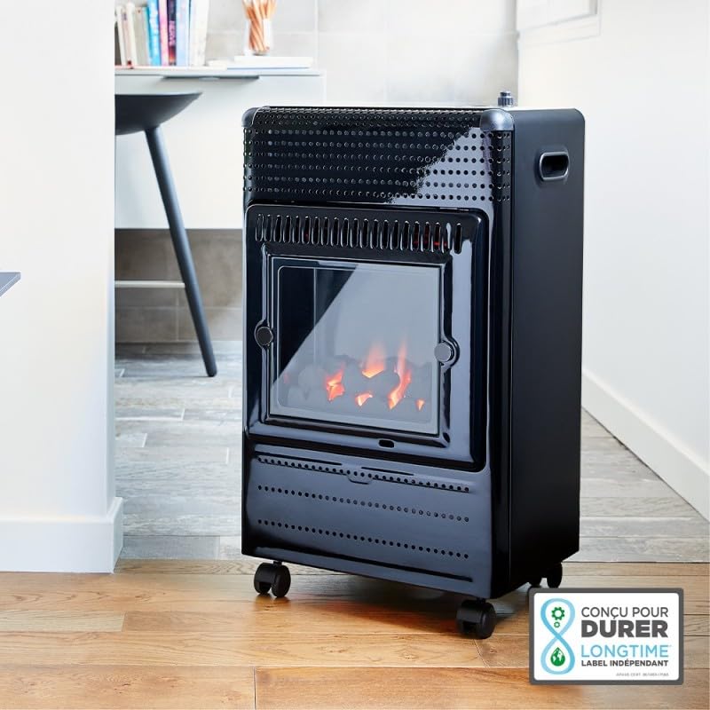 FAVEX - Riscaldatore supplementare a gas Ektor Fire – Pronto all’uso con tubo e riduttore – Interno – Infra Blu effetto fuoco da caminetto – 3 potenze – fino a 35 m² – Nero