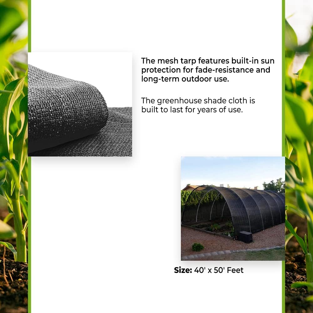 Grow1 Greenhouse 70% Shade Cloth Net with Grommets, Garden Fence Covering Tarp, Chicken Coop, Tomato Plants, 40' x 50' Feet, Black