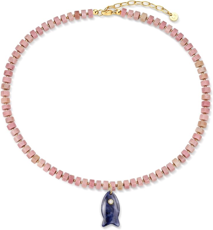 Gemstone Beaded Necklace for Women, Fish Pendant Necklace