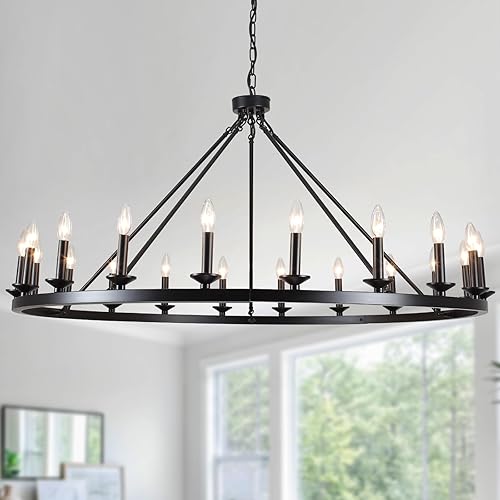 Candelabro grande de 47.24 pulgadas, 20 luces, estilo granja, color negro, para comedor, rústico, vintage, redondo, lámpara colgante, lámpara