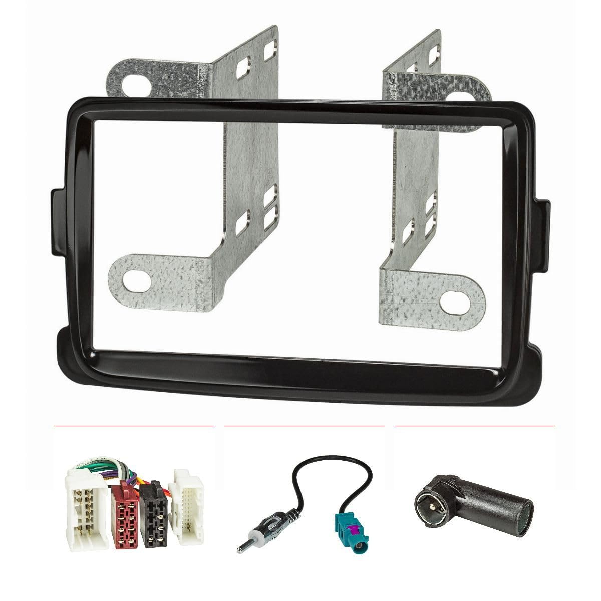 tomzz Audio 2409-013 Doppel DIN Radioblende Set kompatibel mit Dacia Lodgy Dokker Duster Sandero Renault Captur Piano Lack schwarz mit Radioadapter ISO Fakra Antennenadapter DIN