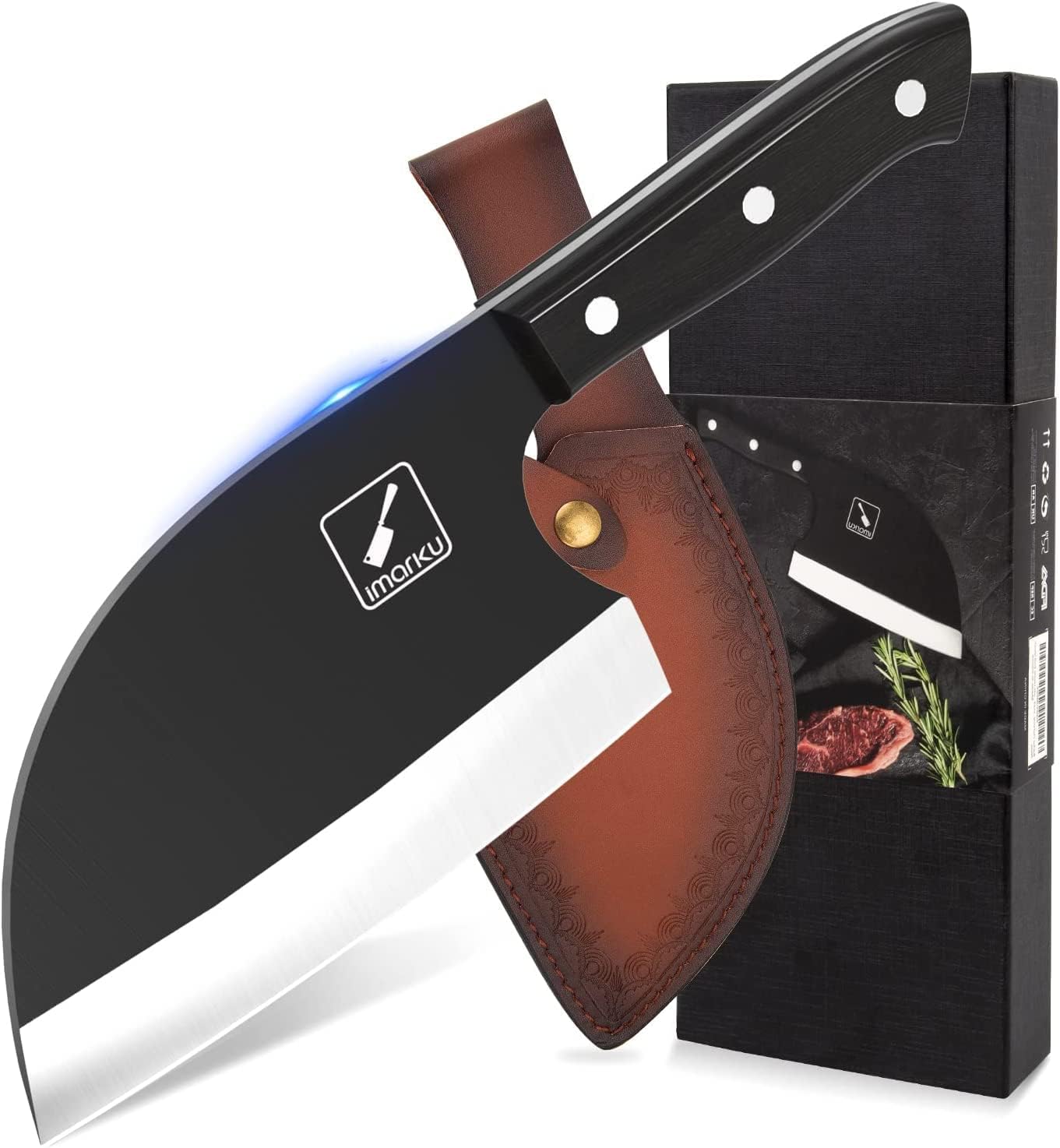 imarku Butcher Knife, 7" Serbian Chef Knife, High-Carbon Steel Forged Full Tang Meat Cutter, Black Corrosion-Resistant Non-Stick Coating, Easy to Clean,With Leather Sheath,Fathers Day GIft