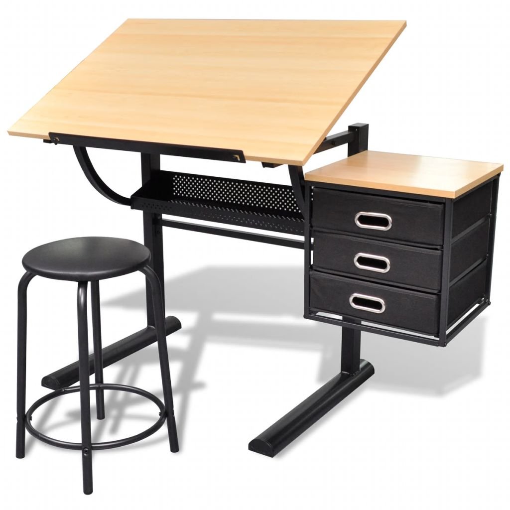 mewmewcat Table à Dessin, Tableau Inclinable avec 3 Tiroirs et Tabouret pour Dessiner MDF 119,5 x 60 x 106 (L x P x H)