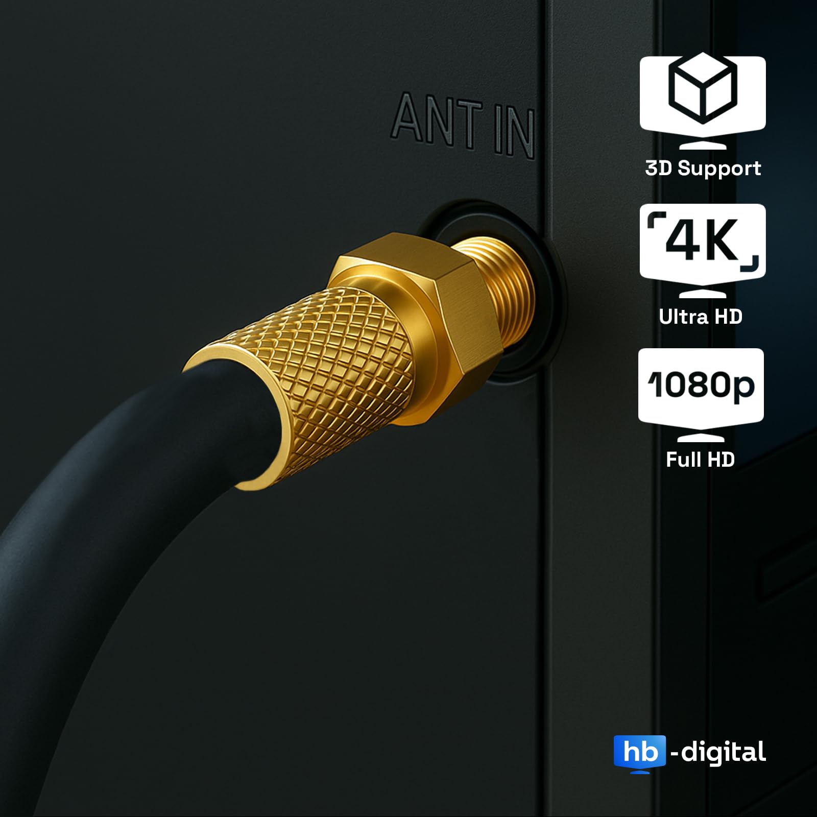 HB-DIGITAL Kabel koncentryczny 25 m SAT 135 dB 8K 4K UHD 4-krotnie ekranowany do DVB-S / S2 DVB-C / C2 DVB-T / T2 DAB+ radio + w zestawie 10 x pozłacane złącza F BK urządzenia - stalowy/miedziany