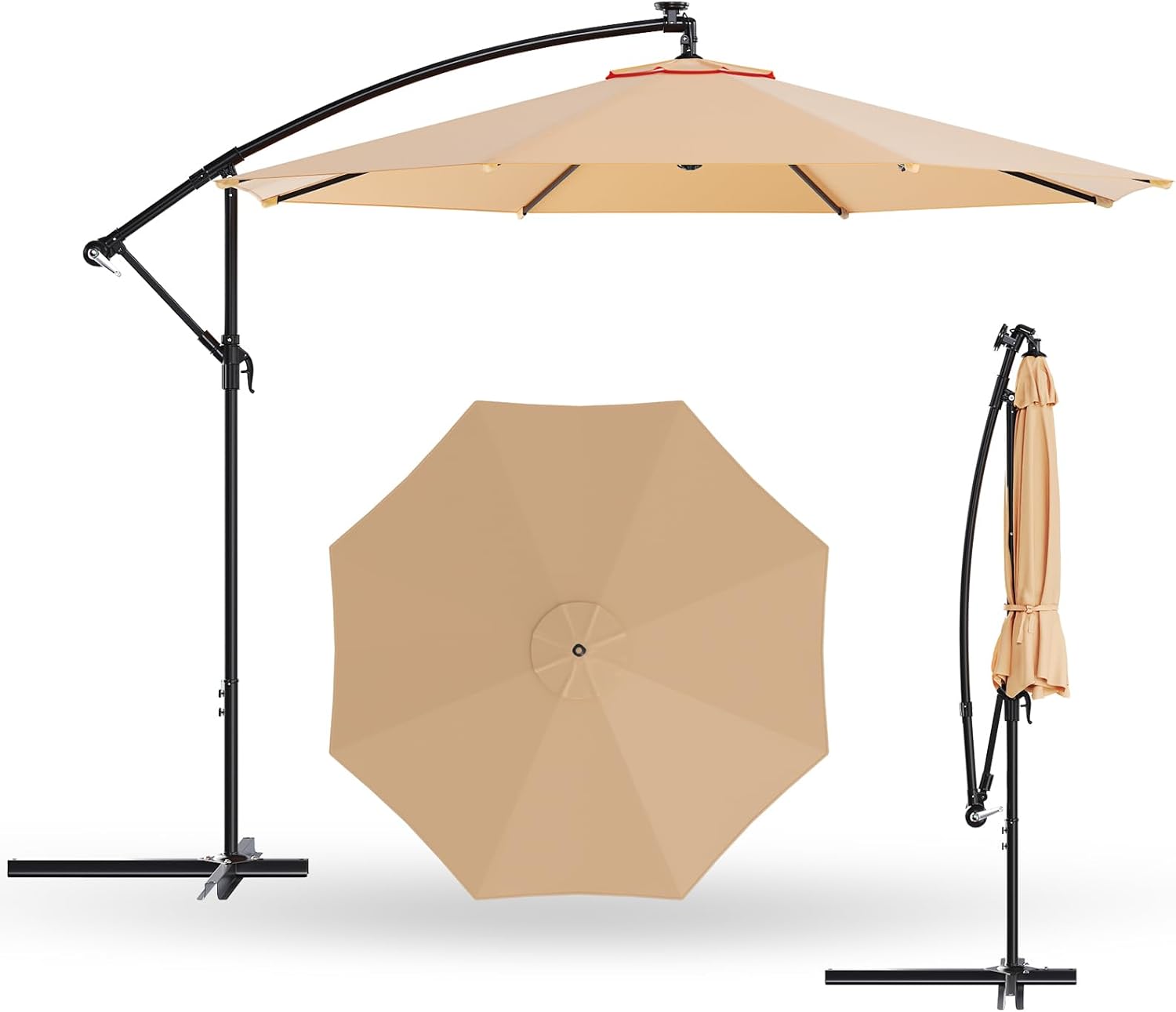 10FT Offset Patio Umbrella Hanging Cantilever Umbrella Outdoor Sun Shade with Wind Vent & Adjustment 0-45 Tilt, 8 Ribs, UV-Block Polyester Outdoor Umbrella for Backyard, Lawn, Garden &Pool,Tan