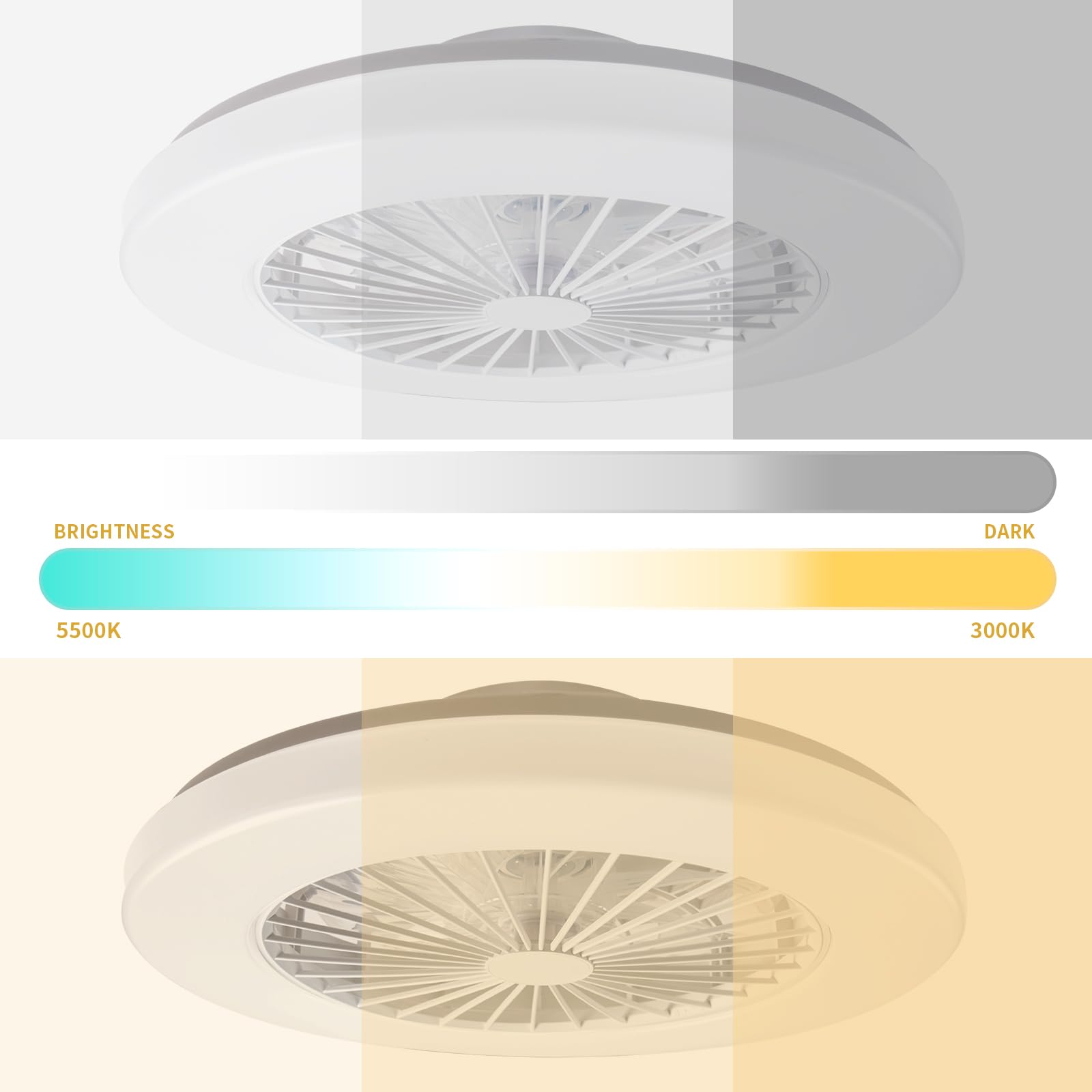 LED-Deckenleuchte mit Ventilator, dimmbares Licht, 24 Geschwindigkeiten, 3000-5500 K, weiß